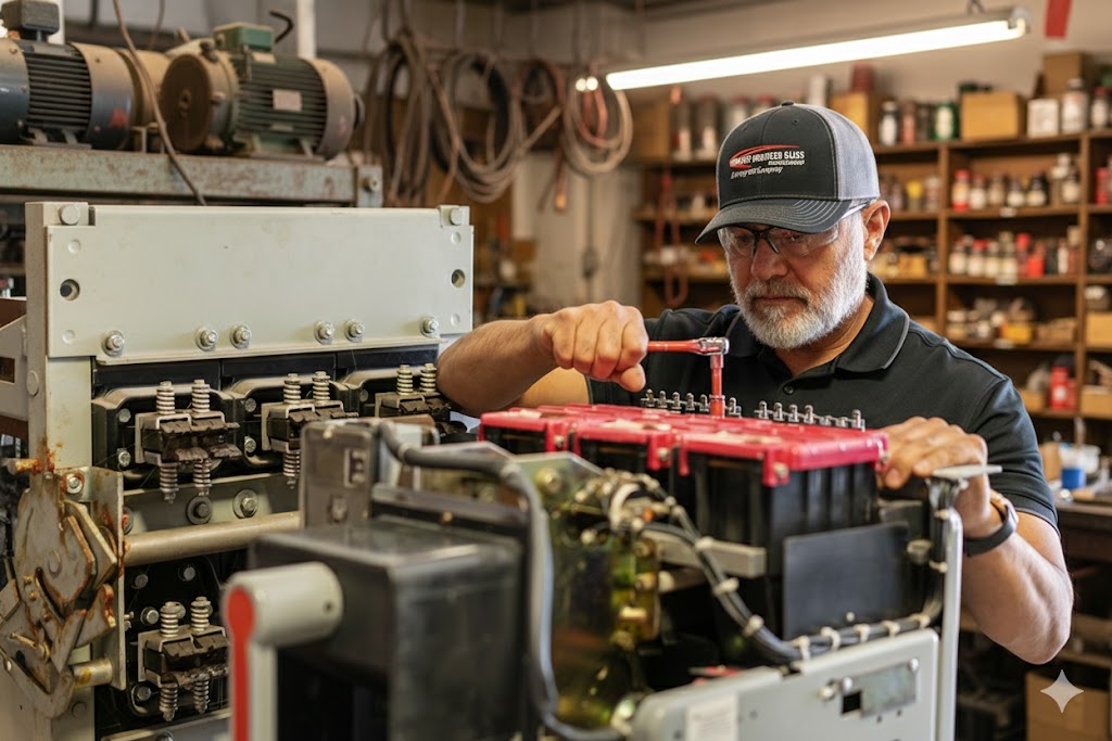 Technician testing switchboard breaker components